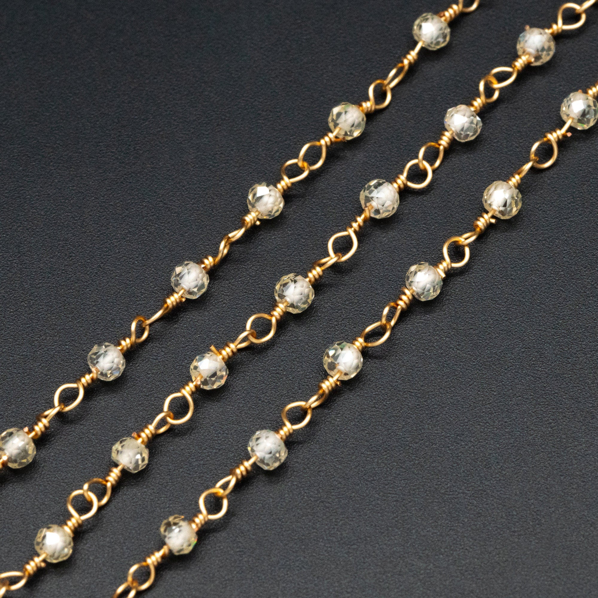 Gemstone CZ Beaded Chain, Cubic Zirconia Chains, 2.5mm Chain with 3mm Quartz Beads (#LK-603)/ 1 Meter=3.3ft